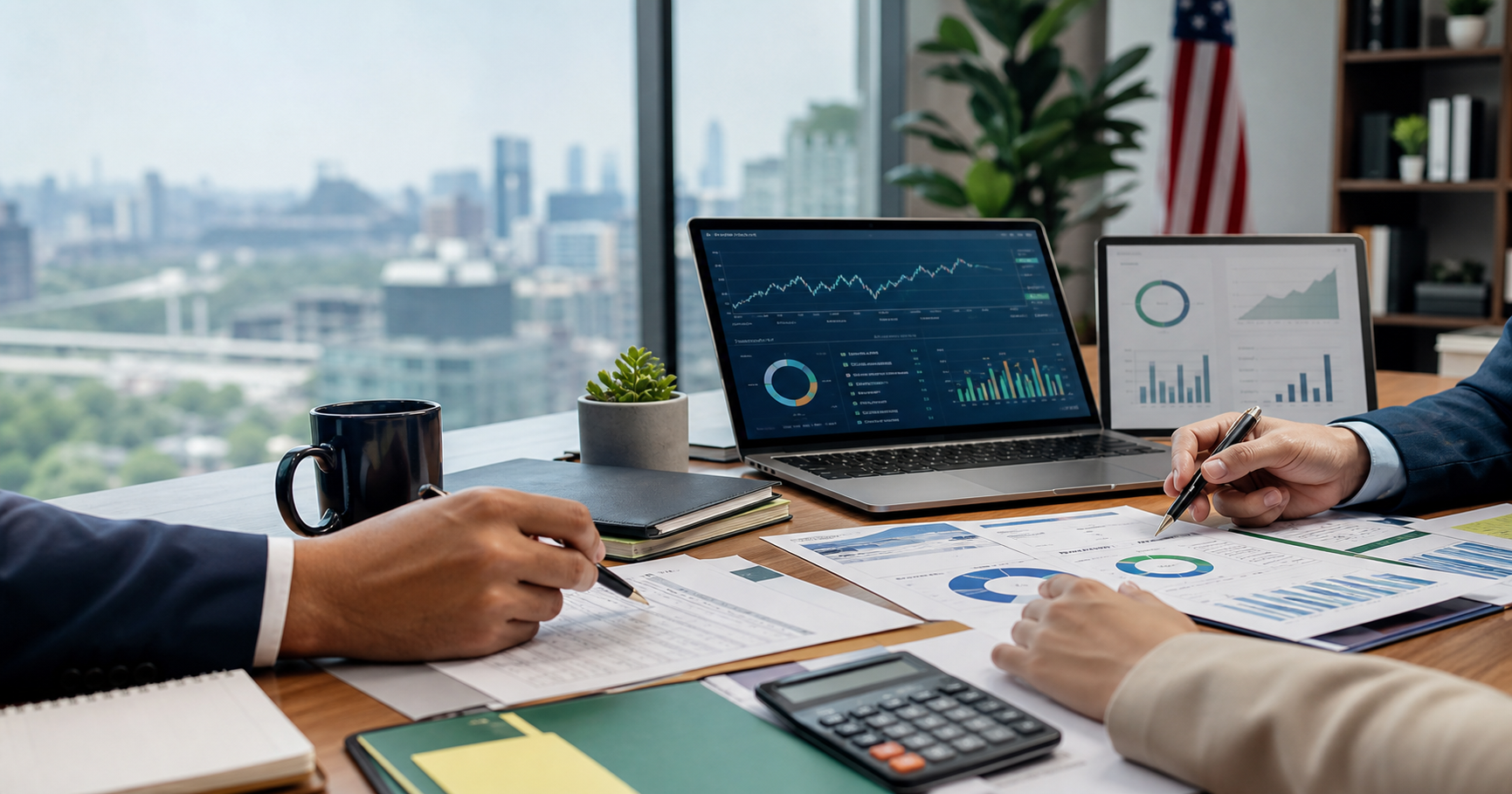 Financial planning workspace with charts, tax documents, and business reports